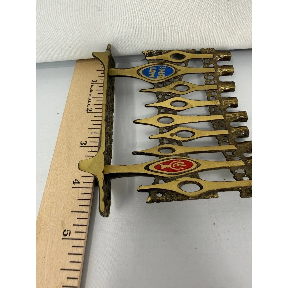 VTG Hen Holon Israel Brass Menorah Brutalist Shalom Enameled Mid Century 6253